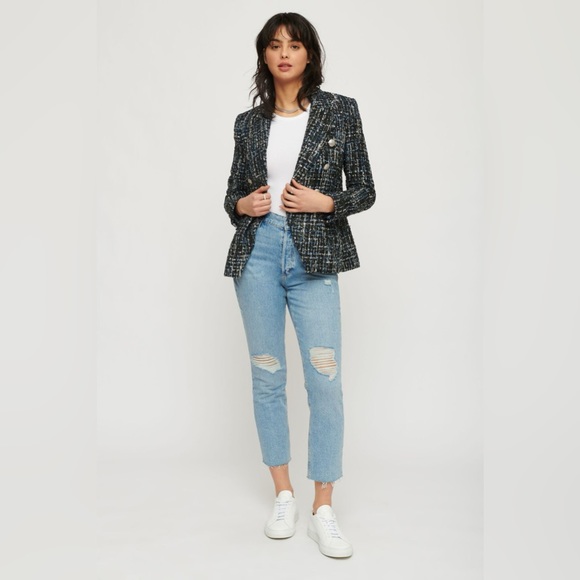 Dynamite Paloma Tweed Double-Breasted Blazer Blue & White Lurex Size L Festive - Picture 2 of 2